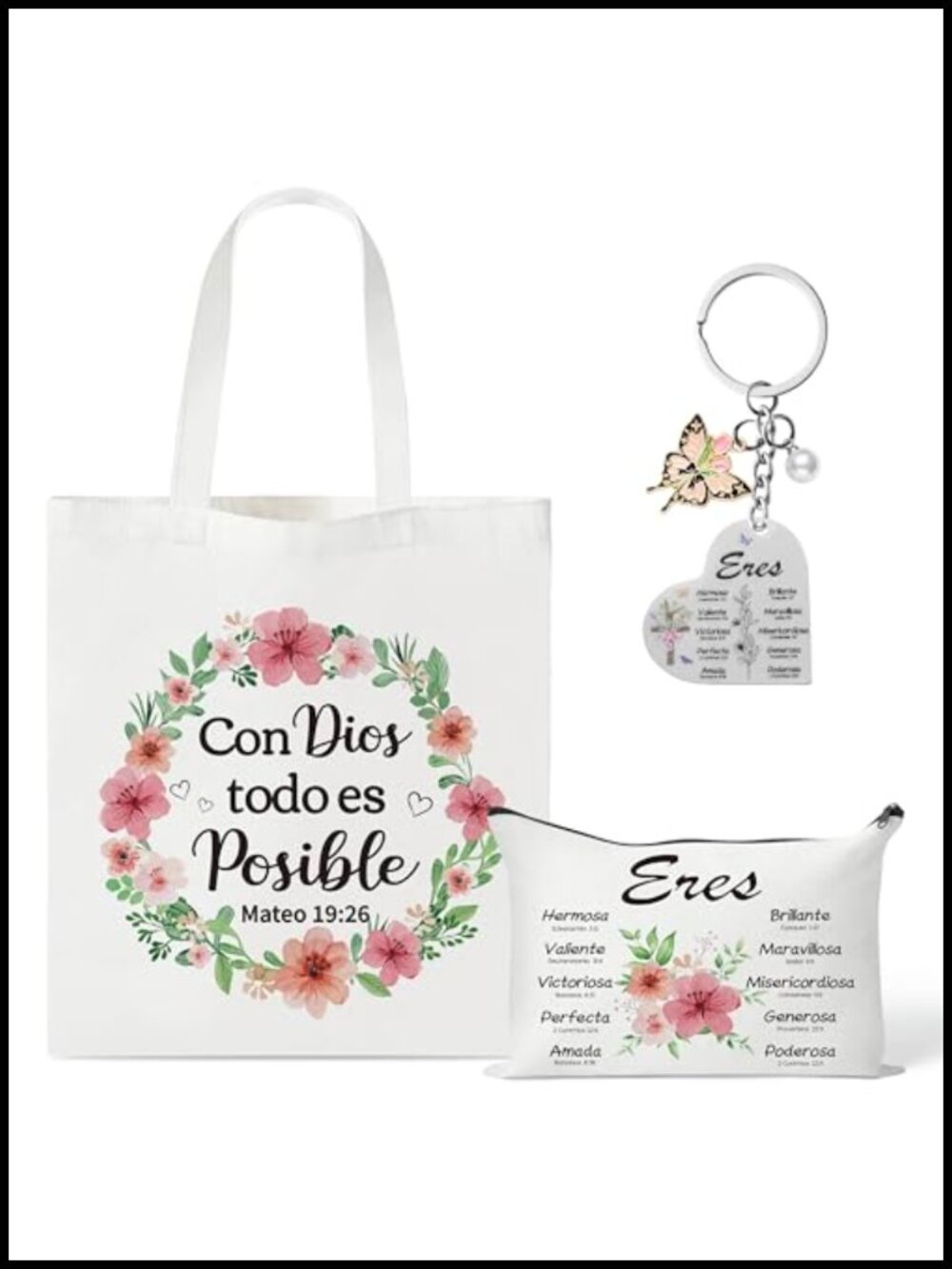 Spanish Christian Canvas Tote Bag Set Makeup Bag Keychain Bible Verse